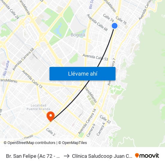 Br. San Felipe (Ac 72 - Kr 17) to Clínica Saludcoop Juan Corpas map