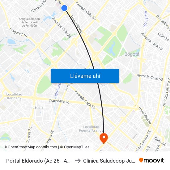 Portal Eldorado (Ac 26 - Av. C. De Cali) to Clínica Saludcoop Juan Corpas map