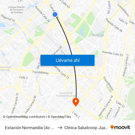 Estación Normandía (Ac 26 - Kr 74) to Clínica Saludcoop Juan Corpas map