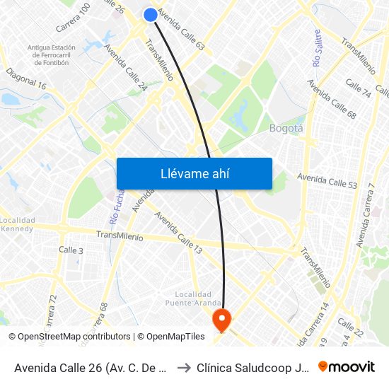 Avenida Calle 26 (Av. C. De Cali - Cl 51) (A) to Clínica Saludcoop Juan Corpas map