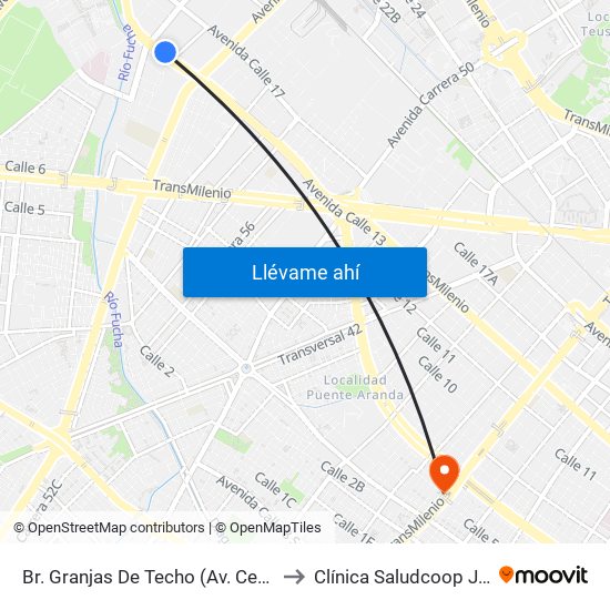 Br. Granjas De Techo (Av. Centenario - Kr 65) to Clínica Saludcoop Juan Corpas map