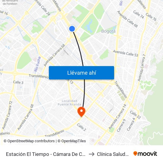 Estación El Tiempo - Cámara De Comercio De Bogotá (Ac 26 - Kr 68b Bis) to Clínica Saludcoop Juan Corpas map