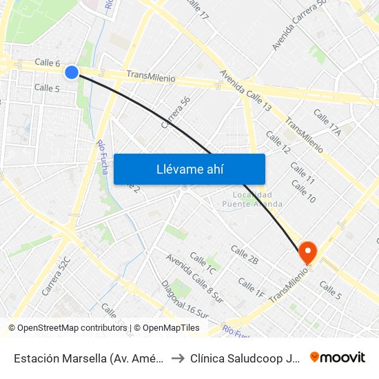 Estación Marsella (Av. Américas - Kr 69b) to Clínica Saludcoop Juan Corpas map