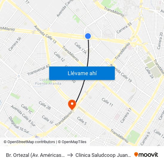 Br. Ortezal (Av. Américas - Tv 39) to Clínica Saludcoop Juan Corpas map