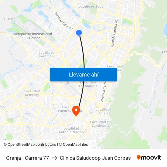 Granja - Carrera 77 to Clínica Saludcoop Juan Corpas map