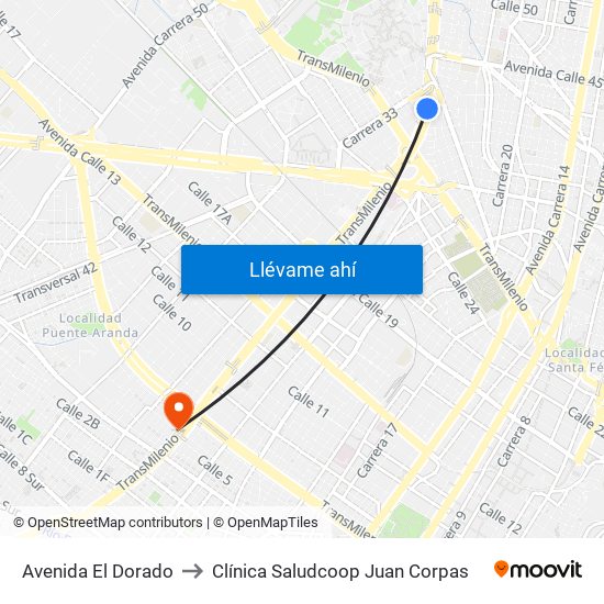 Avenida El Dorado to Clínica Saludcoop Juan Corpas map