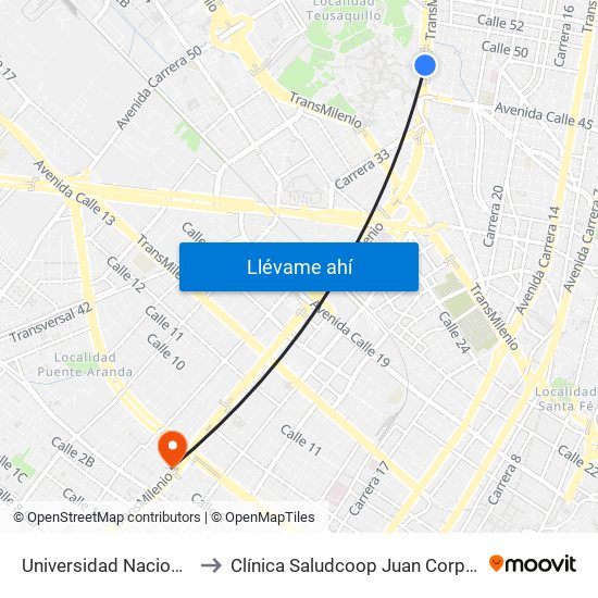 Universidad Nacional to Clínica Saludcoop Juan Corpas map