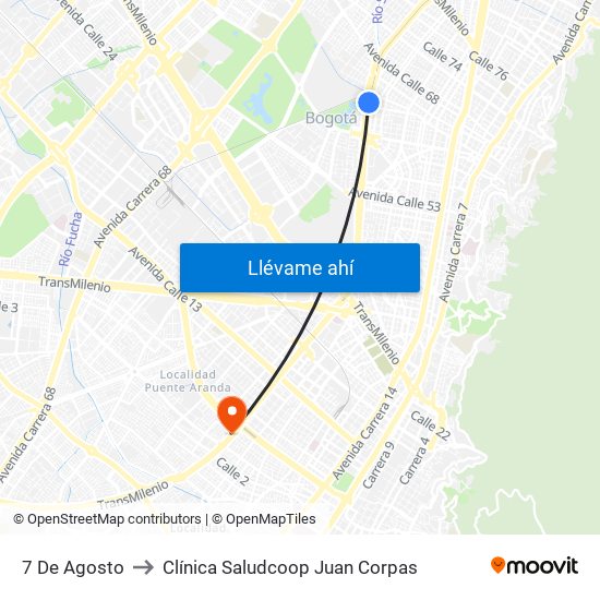 7 De Agosto to Clínica Saludcoop Juan Corpas map