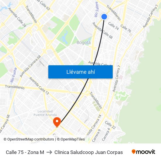 Calle 75 - Zona M to Clínica Saludcoop Juan Corpas map