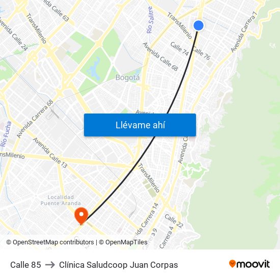 Calle 85 to Clínica Saludcoop Juan Corpas map
