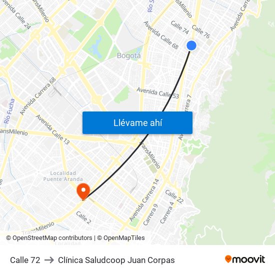 Calle 72 to Clínica Saludcoop Juan Corpas map