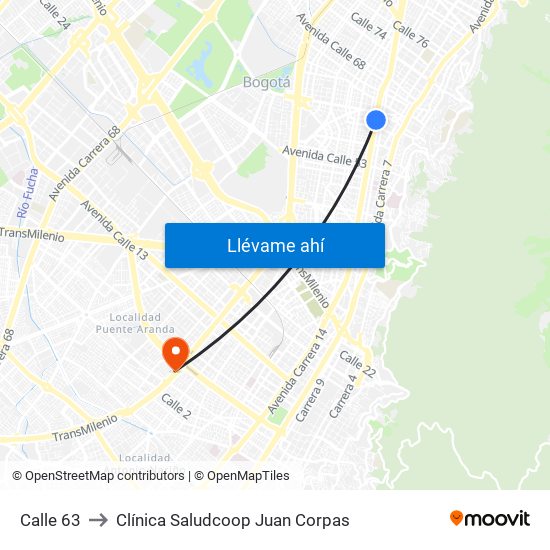 Calle 63 to Clínica Saludcoop Juan Corpas map