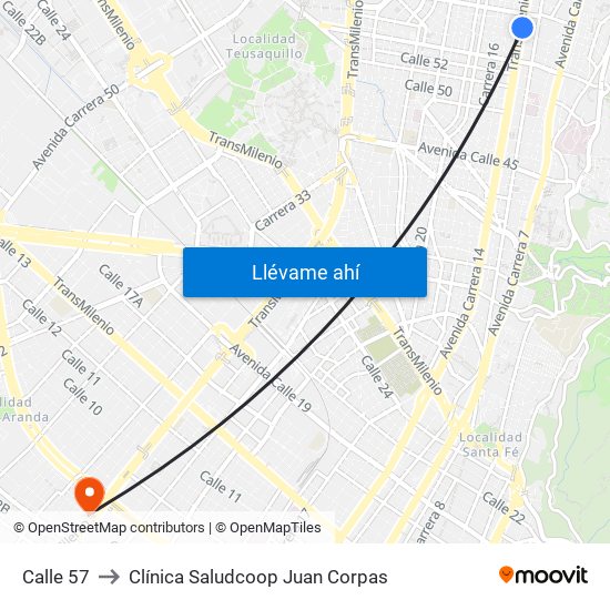 Calle 57 to Clínica Saludcoop Juan Corpas map
