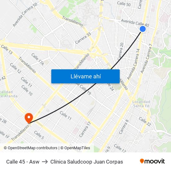 Calle 45 - Asw to Clínica Saludcoop Juan Corpas map