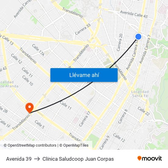 Avenida 39 to Clínica Saludcoop Juan Corpas map