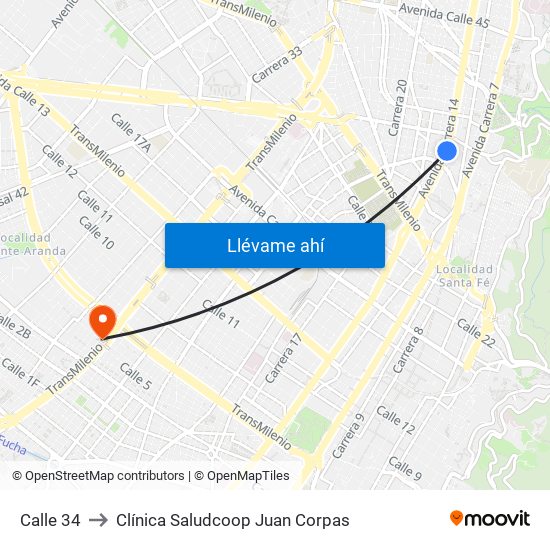 Calle 34 to Clínica Saludcoop Juan Corpas map