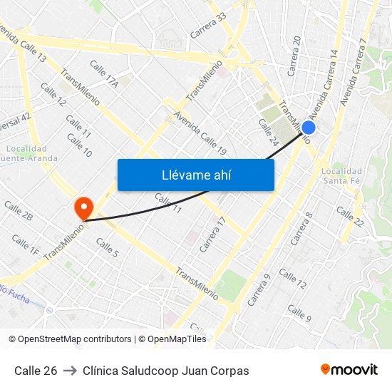 Calle 26 to Clínica Saludcoop Juan Corpas map