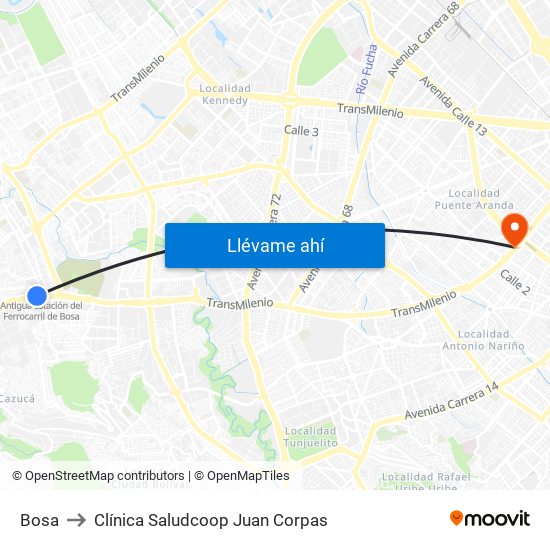 Bosa to Clínica Saludcoop Juan Corpas map