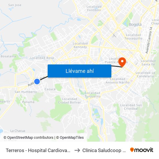 Terreros - Hospital Cardiovascular (Lado Sur) to Clínica Saludcoop Juan Corpas map