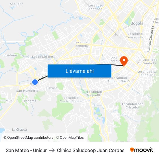 San Mateo - Unisur to Clínica Saludcoop Juan Corpas map