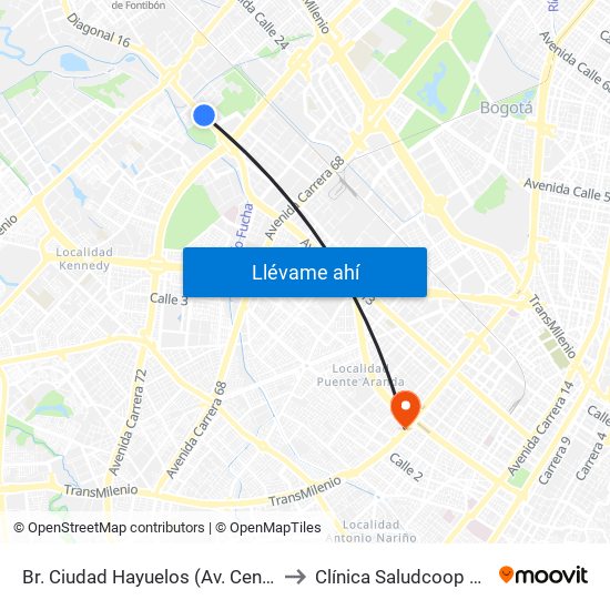 Br. Ciudad Hayuelos (Av. Centenario - Kr 78g) to Clínica Saludcoop Juan Corpas map