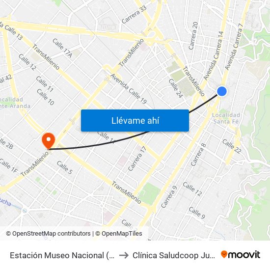 Estación Museo Nacional (Ak 7 - Cl 29) to Clínica Saludcoop Juan Corpas map