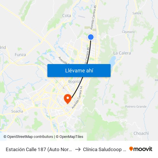 Estación Calle 187 (Auto Norte - Cl 187 Bis) (A) to Clínica Saludcoop Juan Corpas map