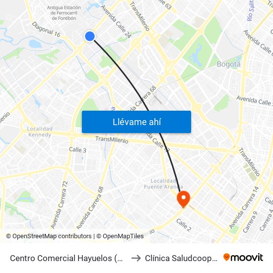 Centro Comercial Hayuelos (Av. C. De Cali - Cl 20) to Clínica Saludcoop Juan Corpas map