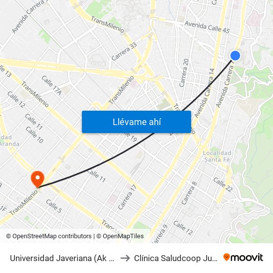 Universidad Javeriana (Ak 7 - Cl 40) (B) to Clínica Saludcoop Juan Corpas map