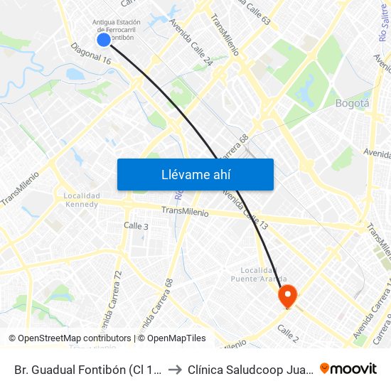 Br. Guadual Fontibón (Cl 17 - Kr 96h) to Clínica Saludcoop Juan Corpas map