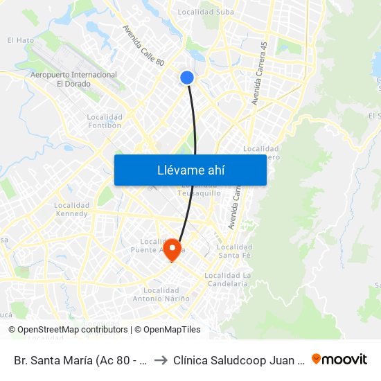 Br. Santa María (Ac 80 - Kr 73b) to Clínica Saludcoop Juan Corpas map