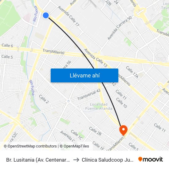 Br. Lusitania (Av. Centenario - Kr 68b) to Clínica Saludcoop Juan Corpas map