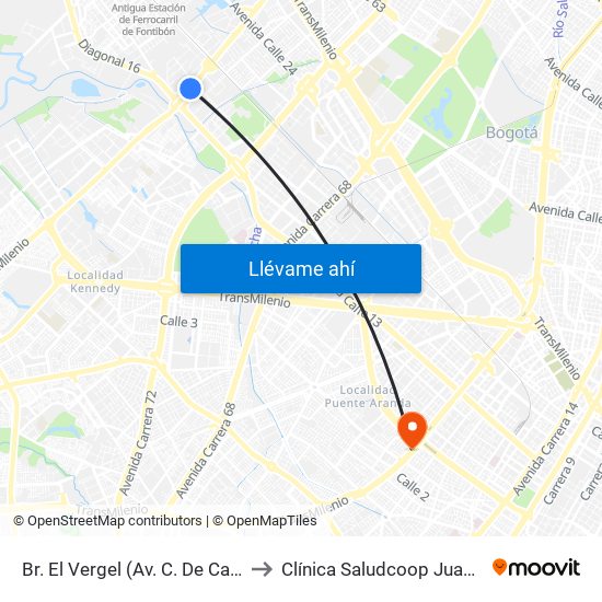 Br. El Vergel (Av. C. De Cali - Cl 18) to Clínica Saludcoop Juan Corpas map