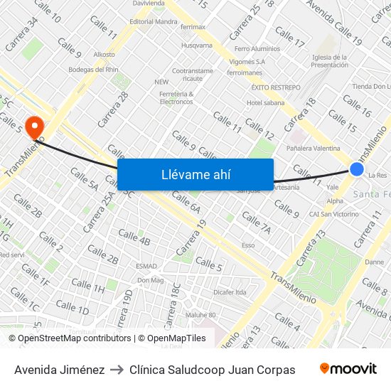 Avenida Jiménez to Clínica Saludcoop Juan Corpas map