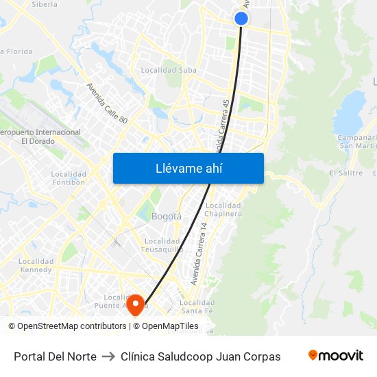 Portal Del Norte to Clínica Saludcoop Juan Corpas map