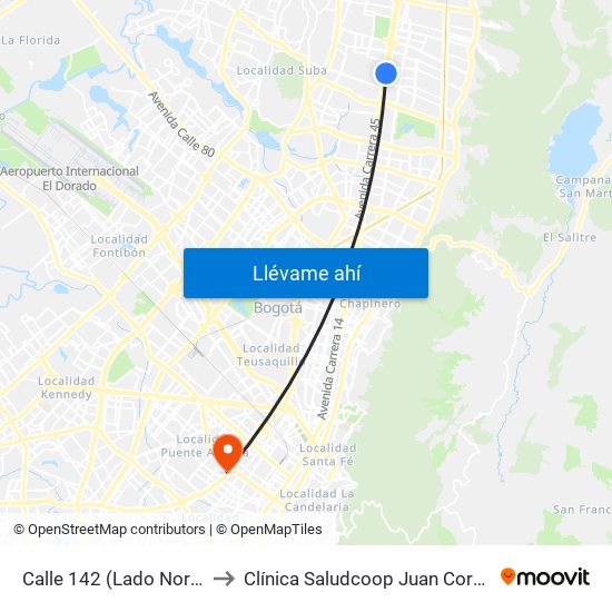 Calle 142 (Lado Norte) to Clínica Saludcoop Juan Corpas map