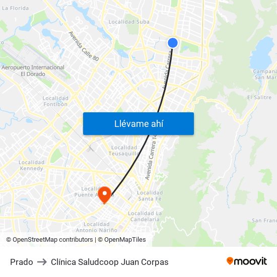Prado to Clínica Saludcoop Juan Corpas map