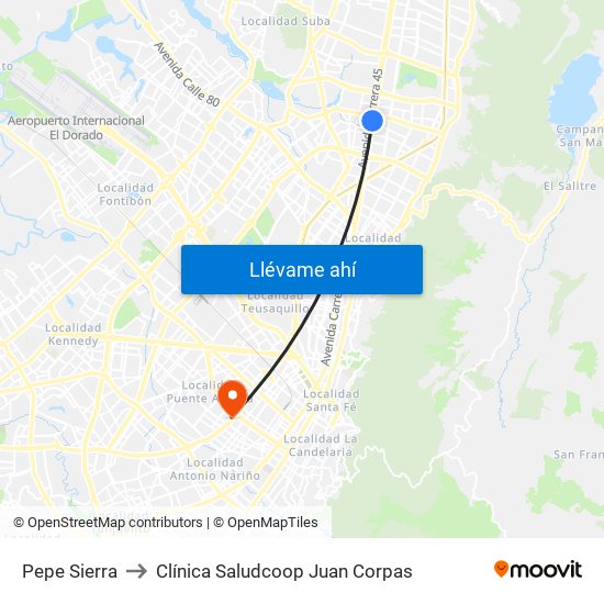 Pepe Sierra to Clínica Saludcoop Juan Corpas map