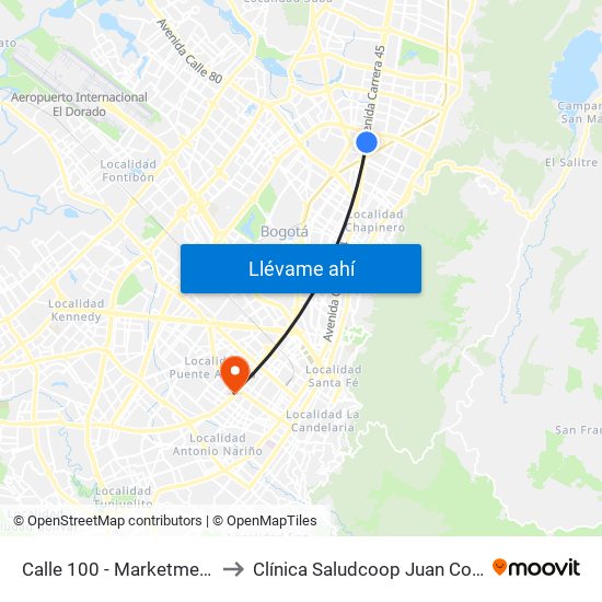 Calle 100 - Marketmedios to Clínica Saludcoop Juan Corpas map