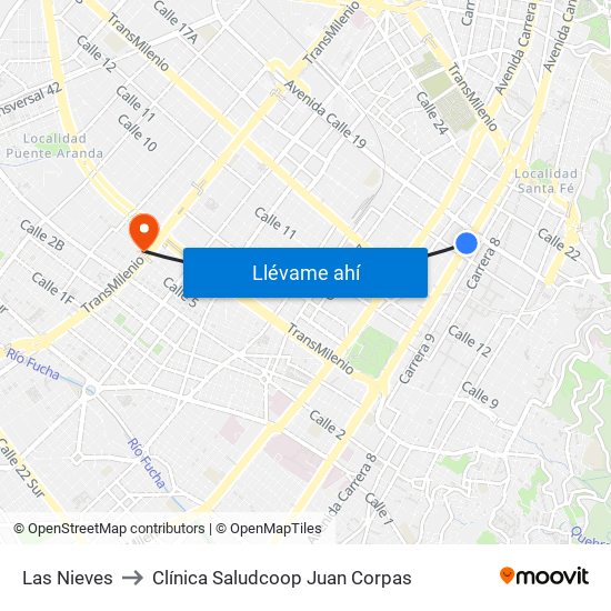 Las Nieves to Clínica Saludcoop Juan Corpas map