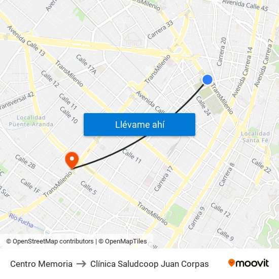 Centro Memoria to Clínica Saludcoop Juan Corpas map