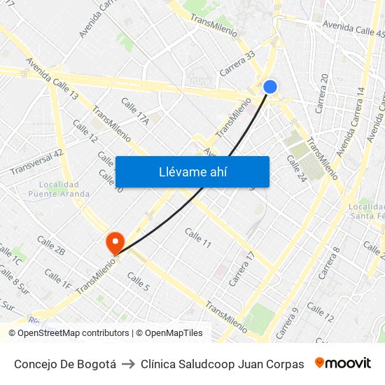 Concejo De Bogotá to Clínica Saludcoop Juan Corpas map