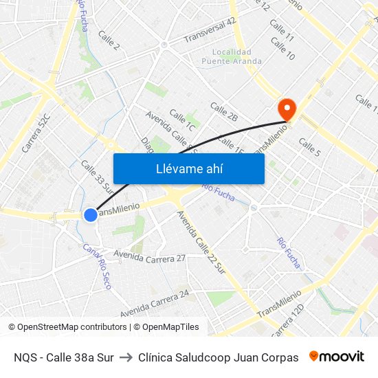 NQS - Calle 38a Sur to Clínica Saludcoop Juan Corpas map
