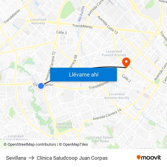 Sevillana to Clínica Saludcoop Juan Corpas map