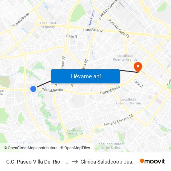 C.C. Paseo Villa Del Río - Madelena to Clínica Saludcoop Juan Corpas map