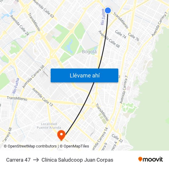 Carrera 47 to Clínica Saludcoop Juan Corpas map