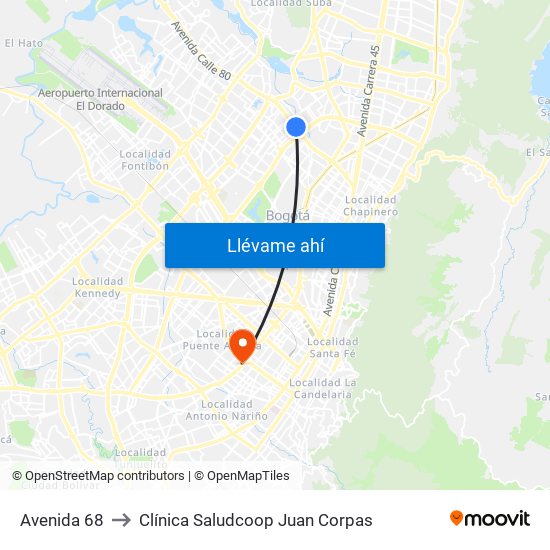 Avenida 68 to Clínica Saludcoop Juan Corpas map