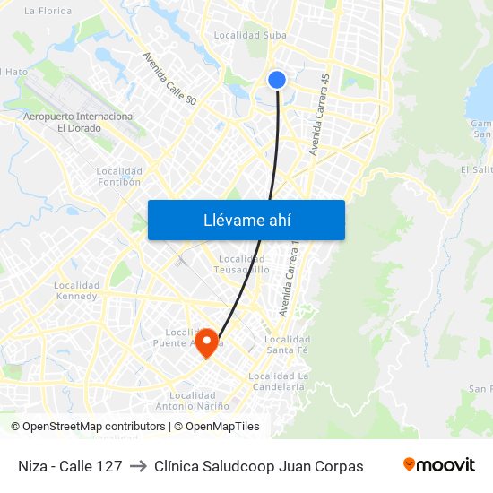 Niza - Calle 127 to Clínica Saludcoop Juan Corpas map