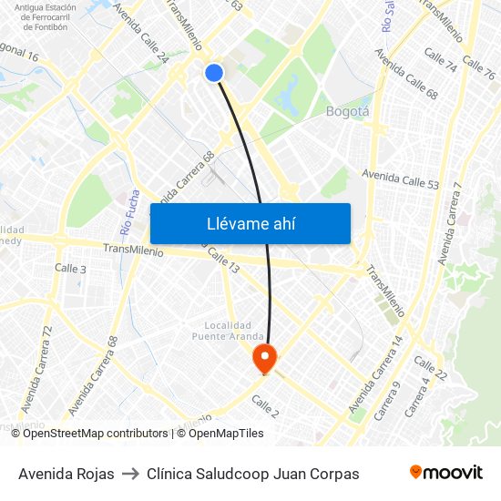 Avenida Rojas to Clínica Saludcoop Juan Corpas map