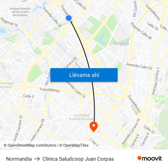 Normandía to Clínica Saludcoop Juan Corpas map